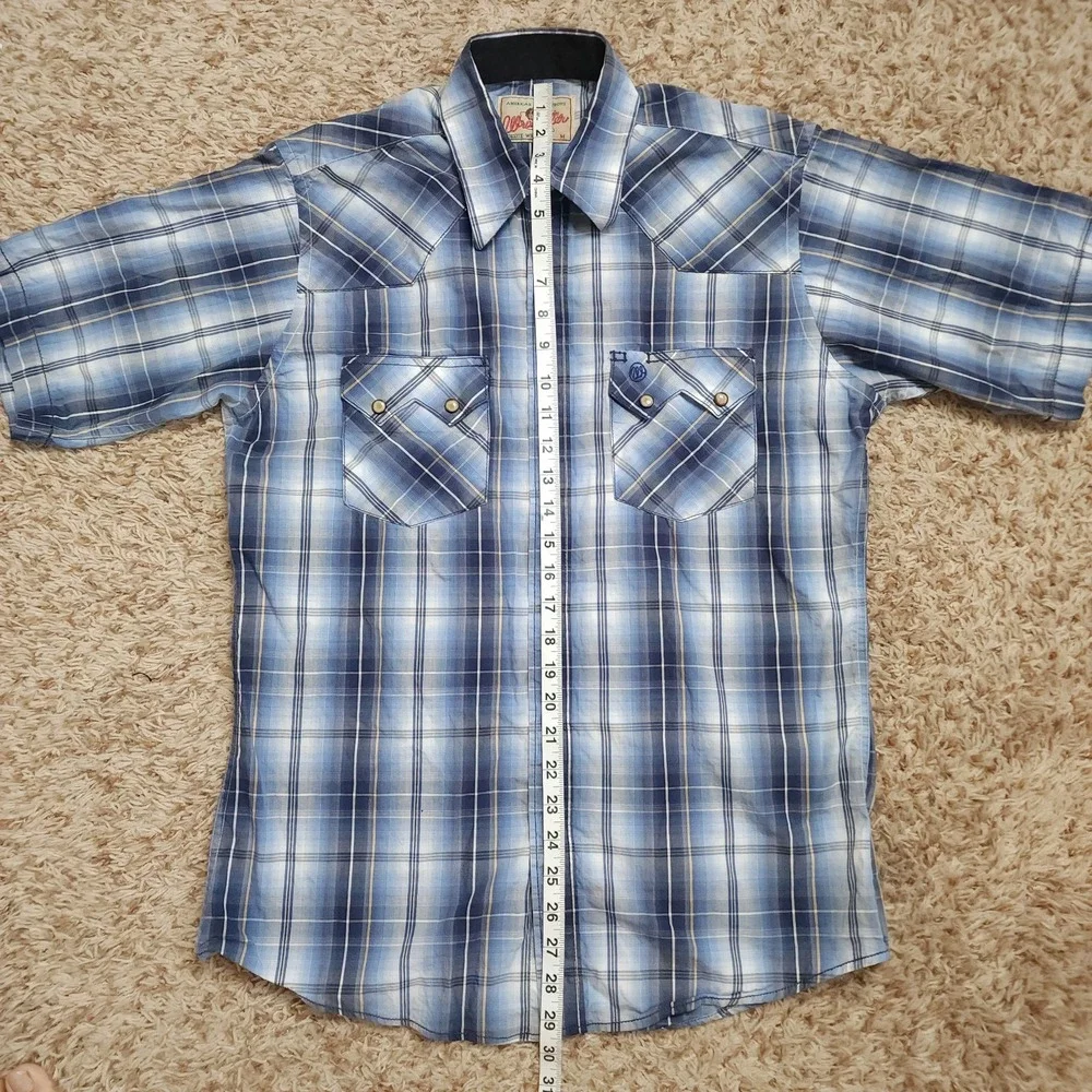 Wrangler Pearl Snap Blue Plaid American Cowboys Mens M Short Sleeve‎ Western